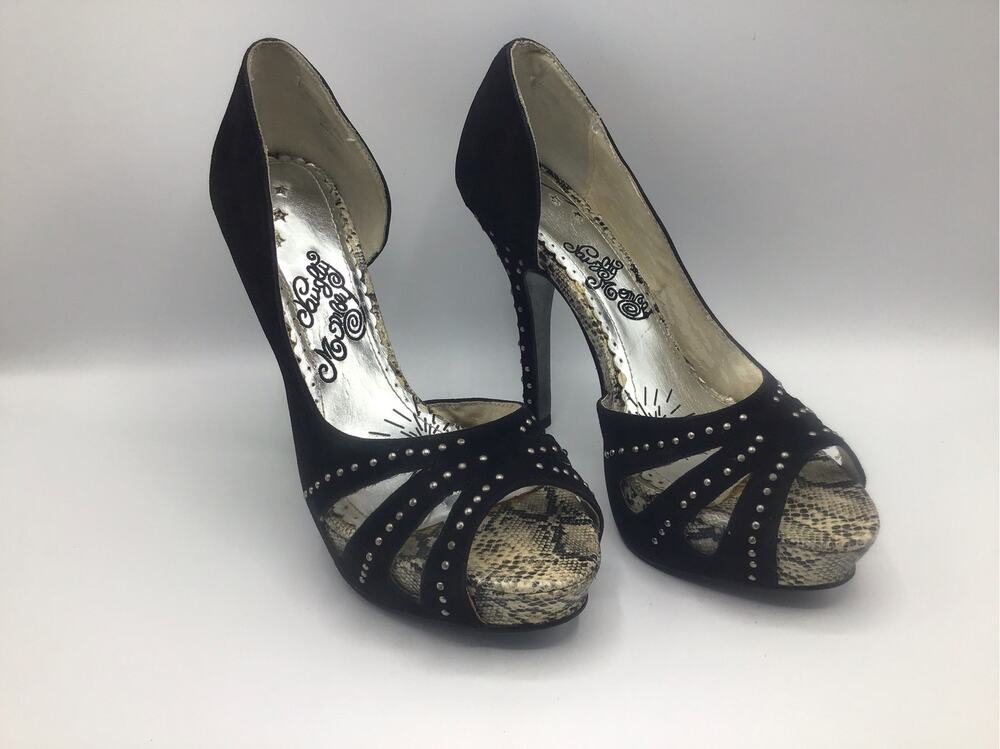 Naughty Monkey Black Suede Studded Snakeskin Platform Heel 8.5 Peep Toe Stiletto